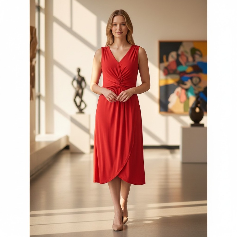Talbots Faux Wrap Dress Women 16 Red Sleeveless Twisted Waist Sheath Cocktail